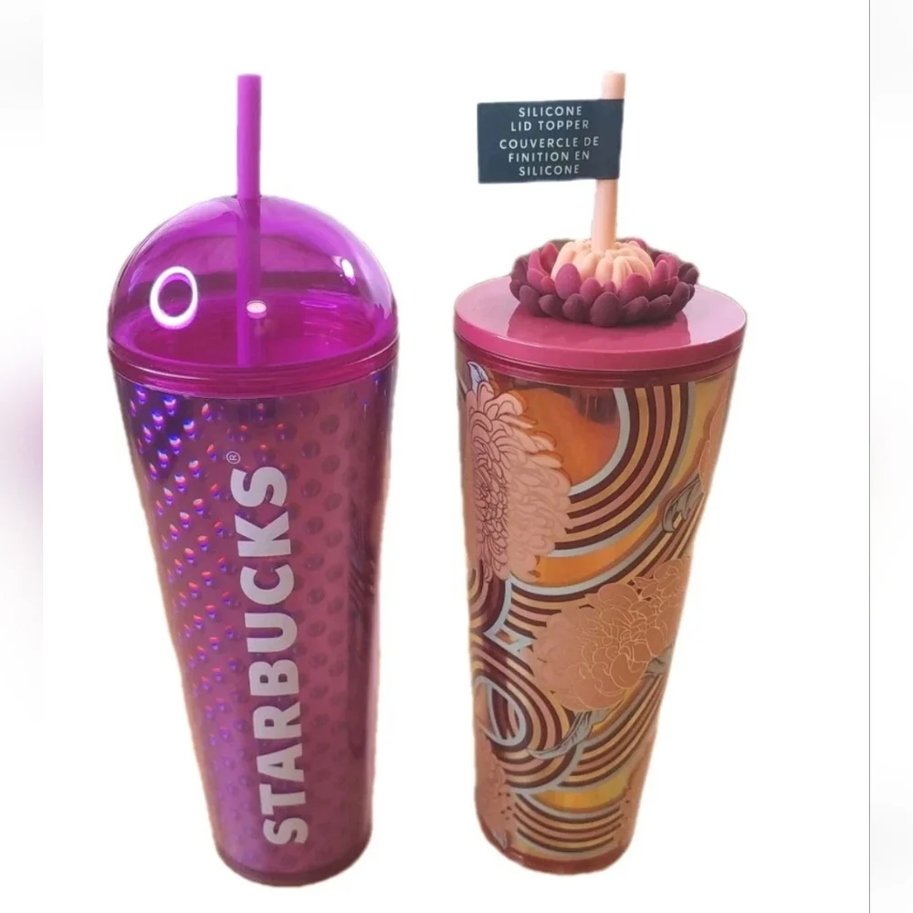 Starbucks 2024 Plastic Tumbler 24 Oz Purple Dome Lid Metallic Floral